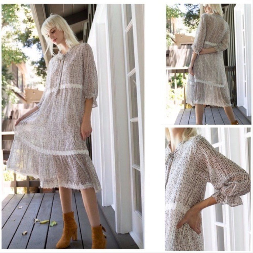 COTTAGE Core A Shape  Lace Trimmed Dress w/ 3/4 Sleeves